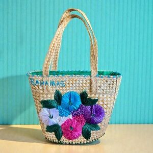 Vtg 70's Bahamas Floral Woven Straw Raffia Tote Beach Bag Boho *As Is*